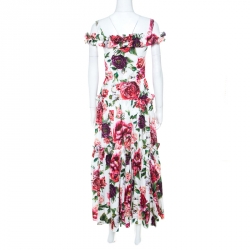 Pre Owned Dolce & Gabbana Multicolor Peony Print Cotton Poplin Cold Shoulder Midi Dress S
