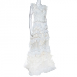 Pre Owned فستان دولتشي أند غابانا مزين حواف ريش منفوشة حرير كريمي M