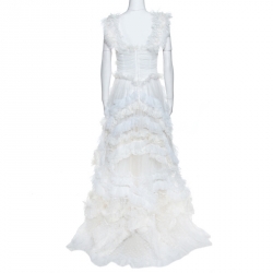 Pre Owned فستان دولتشي أند غابانا مزين حواف ريش منفوشة حرير كريمي M