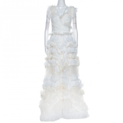 Pre Owned فستان دولتشي أند غابانا مزين حواف ريش منفوشة حرير كريمي M