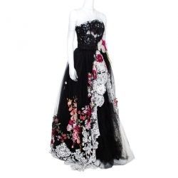 مملوكة مسبقًا Dolce & Gabbana Black Floral Lace Overlay Strapless Ball Gown M