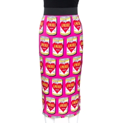 Pre Owned Dolce & Gabbana Pink Amore Print Stretch Silk Midi Skirt XL