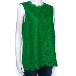Pre Owned Dolce & Gabbana Green Cord Lace Scalloped Sleeveless Top L
