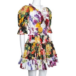 Pre Owned Dolce & Gabbana Multicolor Floral Printed Cotton Puff Sleeve Dress S