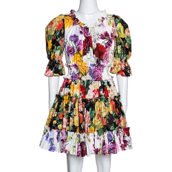 Pre Owned Dolce & Gabbana Multicolor Floral Printed Cotton Puff Sleeve Dress S