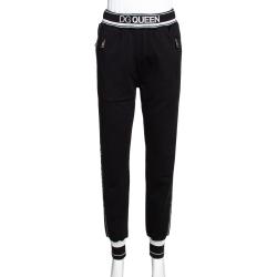 Pre Owned Dolce & Gabbana Black Stretch Jersey Logo Bands Track Pants IT 36