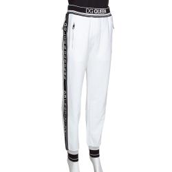 Pre Owned Dolce & Gabbana White Stretch Jersey Logo Bands Track Pants IT 38