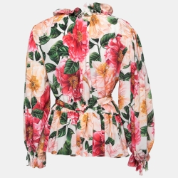 Pre Owned Dolce & Gabbana Pink Floral Printed Silk Ruffled Blouse L