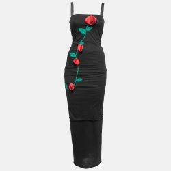 Pre Owned Dolce & Gabbana Black Floral Embroidered Stretch Wool Gathered Dress S