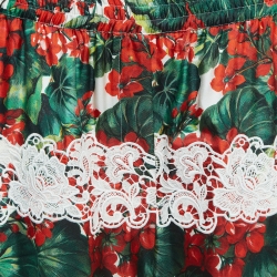 Pre Owned Dolce & Gabbana White/Red Floral Print Lace Trim Silk Trousers L