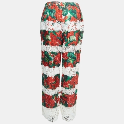Pre Owned Dolce & Gabbana White/Red Floral Print Lace Trim Silk Trousers L