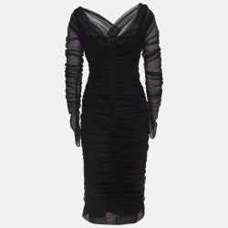 Pre Owned Dolce & Gabbana Black Mesh Ruched Bodycon Midi Dress L