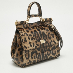 مملوكة مسبقًا Dolce & Gabbana Brown/Black Leopard Print Patent Leather Miss Sicily Top Handle Bag