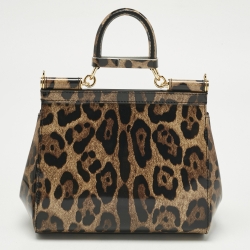 مملوكة مسبقًا Dolce & Gabbana Brown/Black Leopard Print Patent Leather Miss Sicily Top Handle Bag