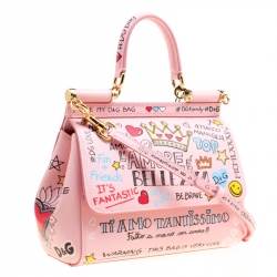 Pre Owned Dolce and Gabbana Blush Pink Leather Small Sicily Graffiti Top Handle Bag