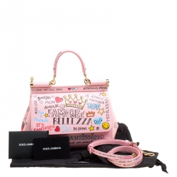 Pre Owned Dolce and Gabbana Blush Pink Leather Small Sicily Graffiti Top Handle Bag