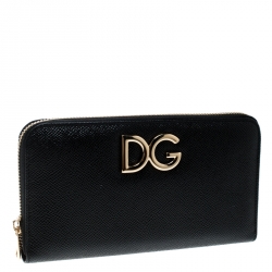 Pre Owned Dolce and Gabbana Black Leather Logo Zip Around Wallet