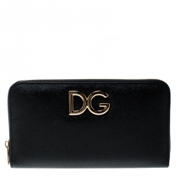 Pre Owned Dolce and Gabbana Black Leather Logo Zip Around Wallet