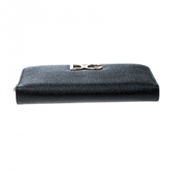 Pre Owned Dolce and Gabbana Black Leather Logo Zip Around Wallet
