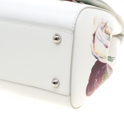 Pre Owned Dolce and Gabbana White Leather Peony Medium Miss Sicily Top Handle Bag
