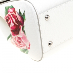 Pre Owned Dolce and Gabbana White Leather Peony Medium Miss Sicily Top Handle Bag