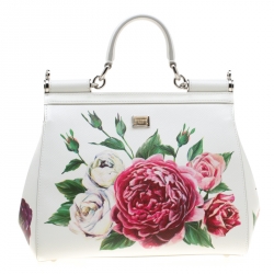 Pre Owned Dolce and Gabbana White Leather Peony Medium Miss Sicily Top Handle Bag