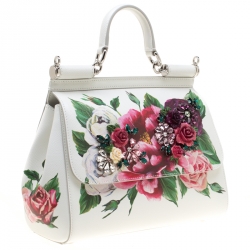 Pre Owned Dolce and Gabbana White Leather Peony Medium Miss Sicily Top Handle Bag