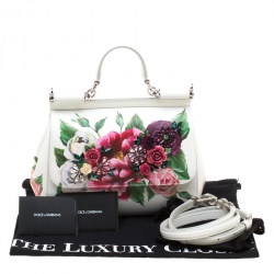 Pre Owned Dolce and Gabbana White Leather Peony Medium Miss Sicily Top Handle Bag
