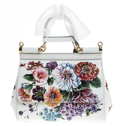Pre Owned Dolce & Gabbana White Floral Printed Leather Small Miss Sicily Top Handle Bag