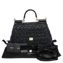 Pre Owned Dolce & Gabbana Black Raffia Crochet / Python Medium Miss Sicily Bag