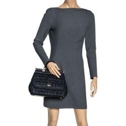 Pre Owned Dolce & Gabbana Black Raffia Crochet / Python Medium Miss Sicily Bag