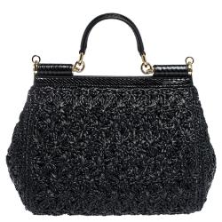 Pre Owned Dolce & Gabbana Black Raffia Crochet / Python Medium Miss Sicily Bag