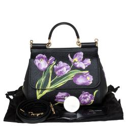 Pre Owned Dolce & Gabbana Black Tulip Print Leather Medium Miss Sicily Bag