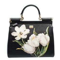 Pre Owned Dolce & Gabbana Black Tulip Print Leather Medium Miss Sicily Bag
