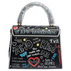 Pre Owned Dolce & Gabbana Black Mural Print Leather Medium Welcome Satchel Bag