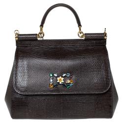 Pre Owned Dolce & Gabbana Brown Iguana Embossed Leather Crystal DG Logo Medium Miss Sicily Bag