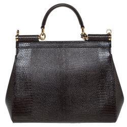 Pre Owned Dolce & Gabbana Brown Iguana Embossed Leather Crystal DG Logo Medium Miss Sicily Bag
