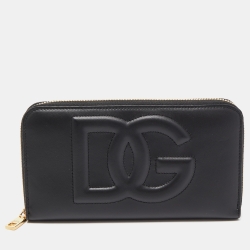 Pre Owned Dolce & Gabbana Black Leather Logo Embossed Zip Around Wallet