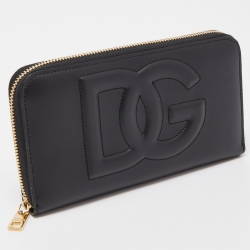 Pre Owned Dolce & Gabbana Black Leather Logo Embossed Zip Around Wallet