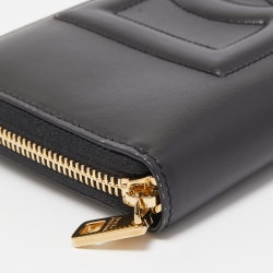 Pre Owned Dolce & Gabbana Black Leather Logo Embossed Zip Around Wallet