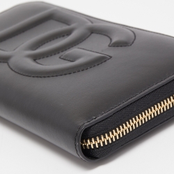 Pre Owned Dolce & Gabbana Black Leather Logo Embossed Zip Around Wallet