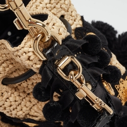 Pre Owned Dolce & Gabbana Beige/Black Raffia Crochet Embellished Claudia Bucket Bag