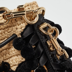 Pre Owned Dolce & Gabbana Beige/Black Raffia Crochet Embellished Claudia Bucket Bag