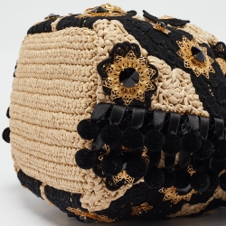 Pre Owned Dolce & Gabbana Beige/Black Raffia Crochet Embellished Claudia Bucket Bag