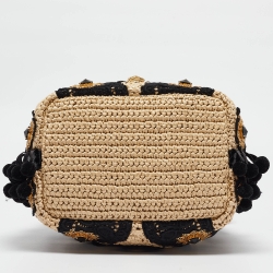 Pre Owned Dolce & Gabbana Beige/Black Raffia Crochet Embellished Claudia Bucket Bag