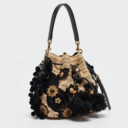 Pre Owned Dolce & Gabbana Beige/Black Raffia Crochet Embellished Claudia Bucket Bag