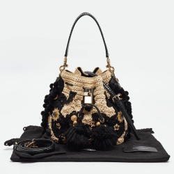 Pre Owned Dolce & Gabbana Beige/Black Raffia Crochet Embellished Claudia Bucket Bag