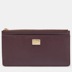 Pre Owned Dolce & Gabbana Burgundy Leather Zip Card Holder 