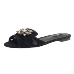 Pre Owned Dolce and Gabbana Black Lace Sofia Embellished Slides Size 39.5