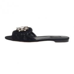 Pre Owned Dolce and Gabbana Black Lace Sofia Embellished Slides Size 39.5